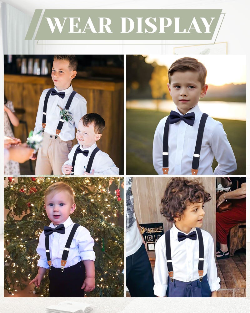 WELROG Child Boys Adjustable Silk Bowties & Suspender Sets Y Back Metal Clips Genuine Leather Suspenders (Navy blue + Navy blue bowtie) - Image 2